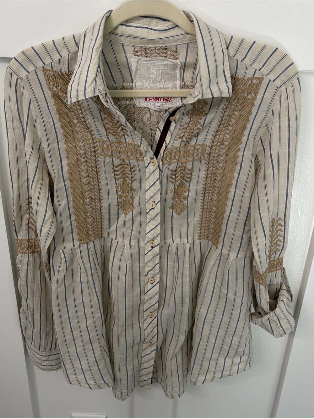 Johnny Was Striped Embroidered Button-Down Tunic - Cream & Tan